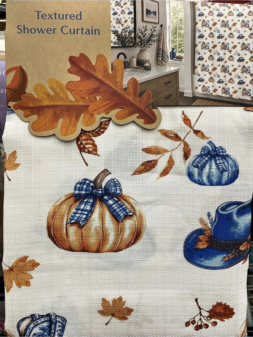 Textured Pumpkin Plaid Shower Curtain Orange & Blue NWT
